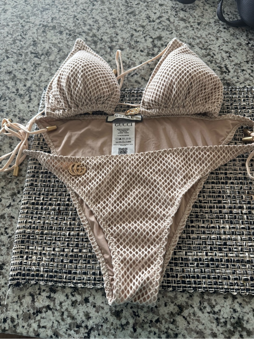 Gucci Beige Mesh Triangle Bikini Set with Gold GG Accent